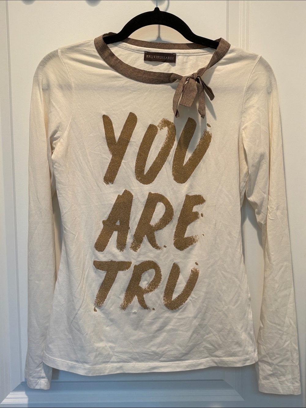 Tru Trussardi Cream Long Sleeve Tee with Brown Graphic